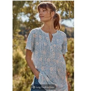 J Jill Linen Blend Floral Flutter Sleeve Pintuck Button Tunic Top Petite Small‎